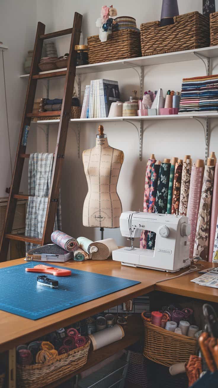 Sewing workspace with fabric and tools